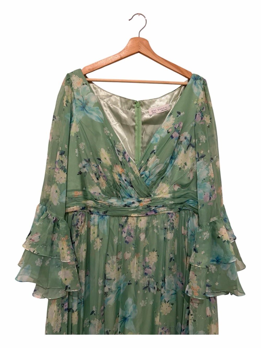 Mac Duggal Floral Tiered Maxi Dress Green Size 22 Chiffon Ruffles A Line 68257 - Picture 3 of 9